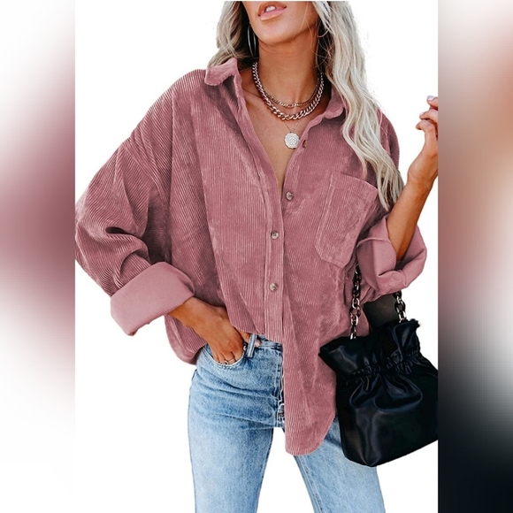 BOHO Corduroy Shirts Causal Long Sleeve Button Down Blouses Tops with Pockets - Picture 2 of 4